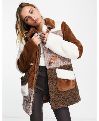 Neon Rose toggle front boxy coat in brown mix teddy