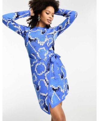 Never Fully Dressed knitted wrap mini dress in blue animal spot-Multi