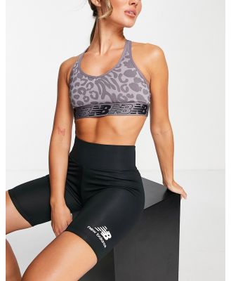 New Balance Running Relentless Pace medium support sports bra in leopard print-Grey