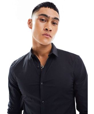 New Look long sleeve muscle fit poplin shirt in black