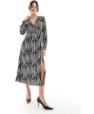 New Look long sleeve wrap midi dress in black and white stripe