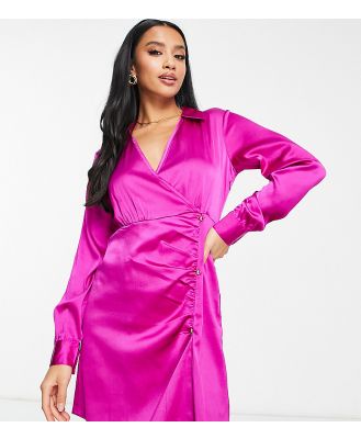 New Look Petite tie side collared shirt dress in bright pink
