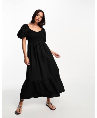 New Look puff sleeve shirred top midi dress in black