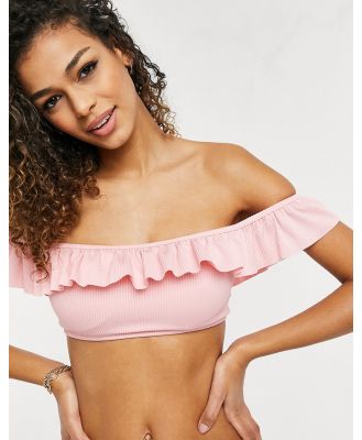 New Look rib frill bikini top in light pink