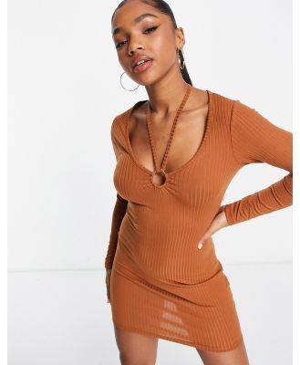New Look ribbed cut out detail mini dress in camel-Neutral