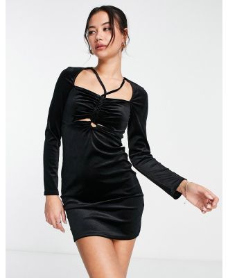 New Look velvet halterneck long sleeve mini dress in black