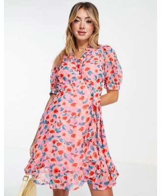 New Look wrap mini dress with puff sleeves in pink floral