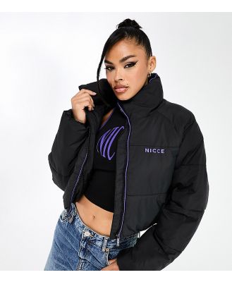 Nicce alia cropped puffer jacket in black with purple trim-Blue
