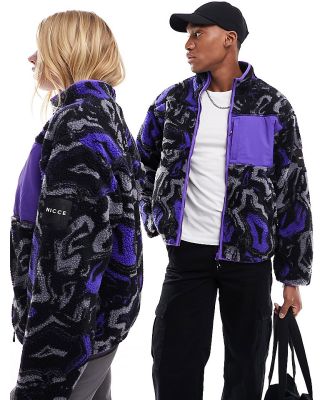 Nicce unisex Tove borg fleece jacket in purple and grey distorted print-Multi
