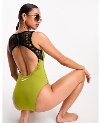 Nike Swimming Explore Wild keyhole back mesh swimsuit in khaki-Green