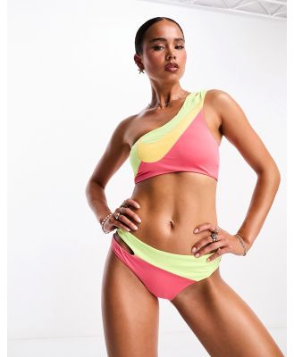Nike Swimming Icon Swoosh Block asymmetrical bikini top in pink and green