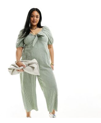 Nobody's Child Plus Simone puff sleeve wide leg jumpsuit in green gingham