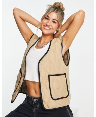 Noisy May contrast trim quilted vest in beige-Neutral
