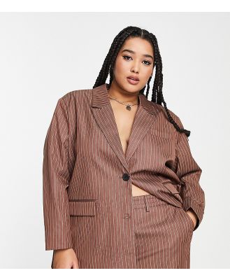 Noisy May Curve oversized blazer in tan pinstripe (part of a set)-Brown