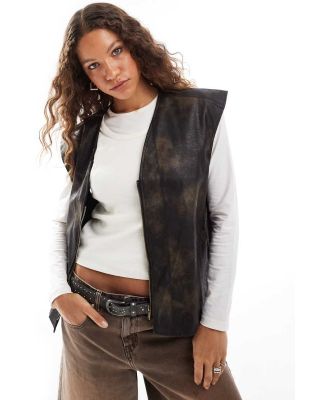 Noisy May faux leather zip thru vest in washed brown-Green