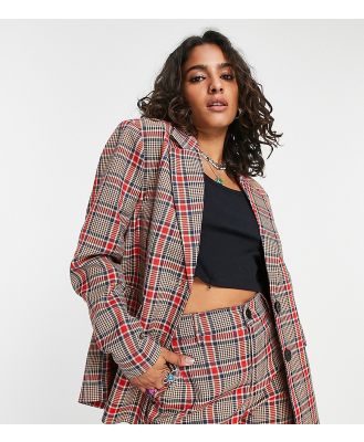 Noisy May Petite double breasted blazer in brown and pink check
