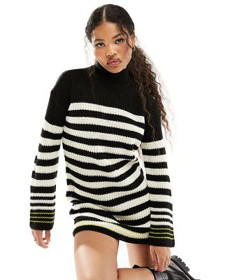 Noisy May Petite oversized sleeve mini jumper dress in black & white stripe