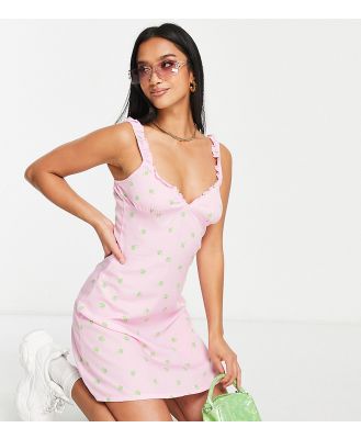 Noisy May Petite ruffle strap mini slip dress in pink ditsy print