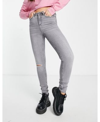 Noisy May Premium Callie high waisted ripped knee skinny jeans in light grey