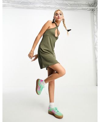 Noisy May textured halter neck mini skater dress in khaki-Green