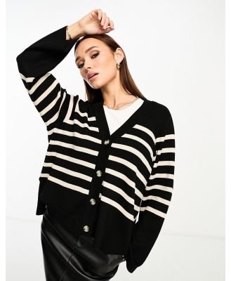 Object button through knitted cardigan in black with beige stripe