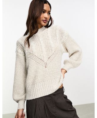 Object cable knit puff sleeve jumper in mottle beige melange-Neutral