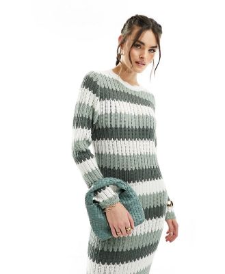 Object crochet knit maxi dress in sage green multi stripe