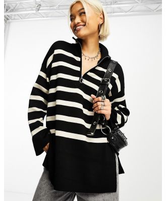 Object knitted zip neck jumper in black mono stripe