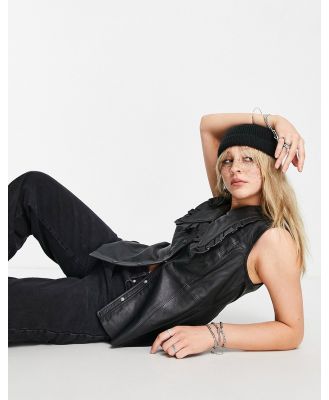 Object leather sleeveless shirt with exaggerated collar in black