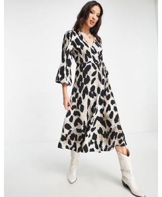 Object long sleeve midi wrap dress in leopard-Brown
