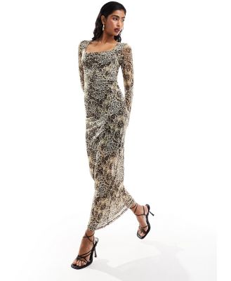 Object mesh square neck maxi dress in animal print-Neutral