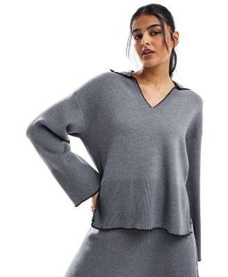 Object oversized v neck jumper with contrast trim in grey (part of a set)
