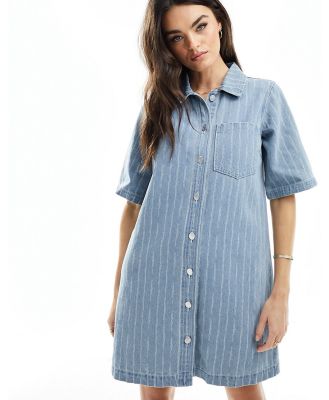 Object pinstripe mini shirt dress in light denim-Blue
