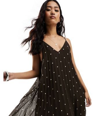 Object plisse swing cami maxi dress in brown polka dot-Multi