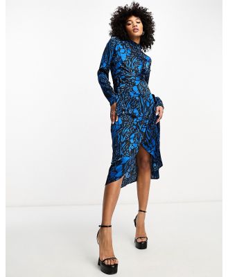 Object printed midi dress with wrap detail in blue and black-Multi
