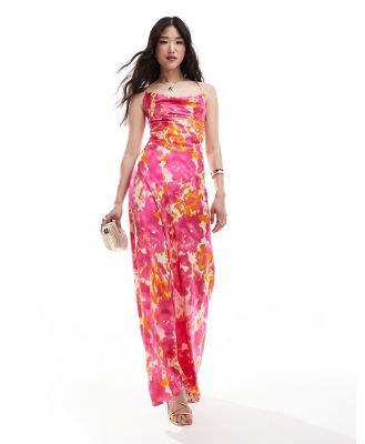 Object satin low cross back maxi dress in pink abstract print