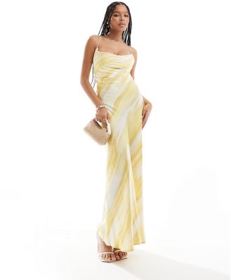 Object satin low cross back maxi dress in yellow abstract print