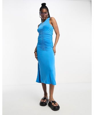 Object sleeveless jersey midi dress with ruched front in blue