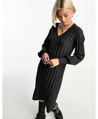 Object v neck knitted ribbed jumper dress in dark grey