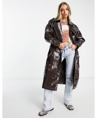 Object vinyl trench coat in brown