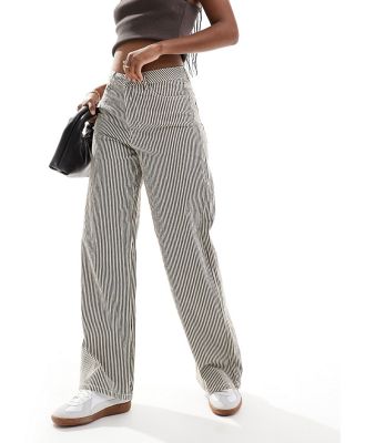 Object wide leg jeans in cream and brown stripe-Multi