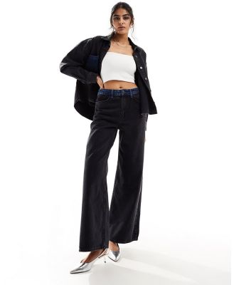 Object wide leg jeans with contrast waistband in washed black (part of a set)