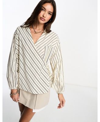Object wrap front shirt in mixed neutral stripe-White