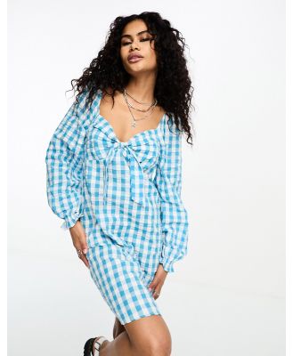 Only bow detail smock mini dress in blue gingham