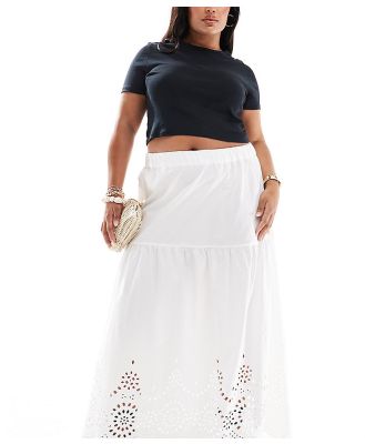 ONLY Curve embroidered tiered maxi skirt in white
