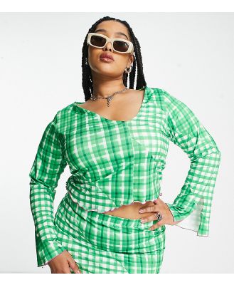 Only Curve exclusive asymmetric cropped top with flared sleeves in green gingham (part of a set)