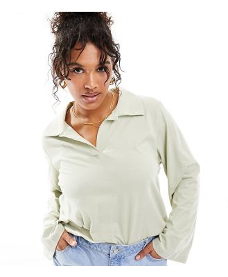 Only Curve oversized polo top in light sage-Green