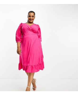 Only Curve puff sleeve wrap midi dress in bright pink