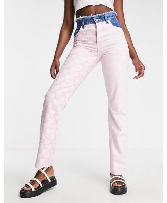 Only Ella frayed waist straight leg jeans in pink checkerboard print-Multi