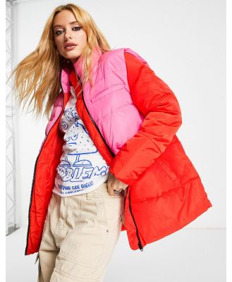 Only padded coat in pink & red colour block-Multi